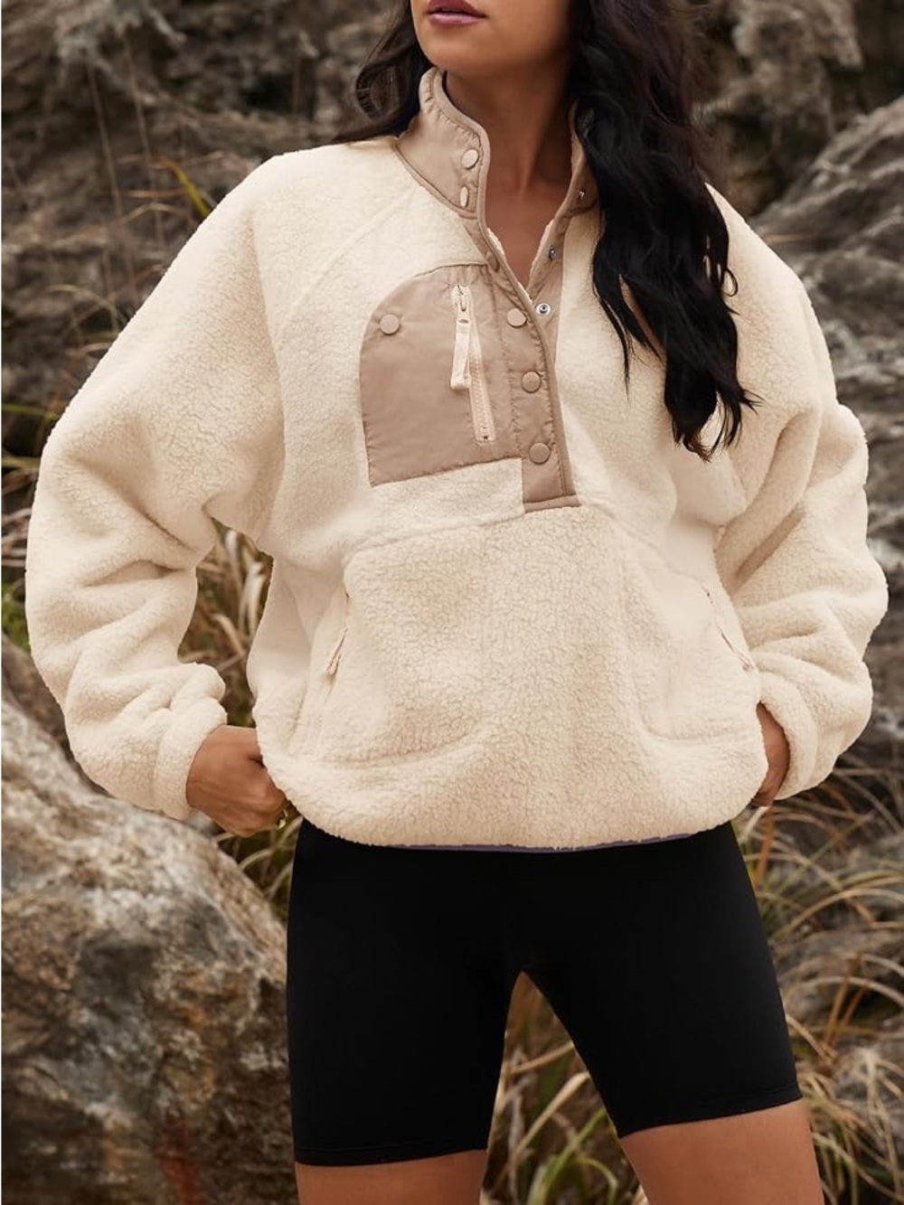 Free People FP Movement Hit The Slopes Pullover Fleece Jacket Ivory Combo XL